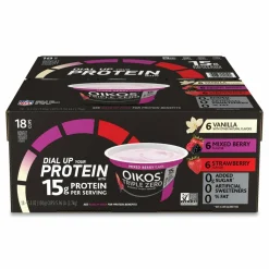 OIKOS Triple Zero Blended Greek Nonfat Yogurt, 5.3 oz, Strawberry/Mixed Berry/Vanilla, 18/Carton