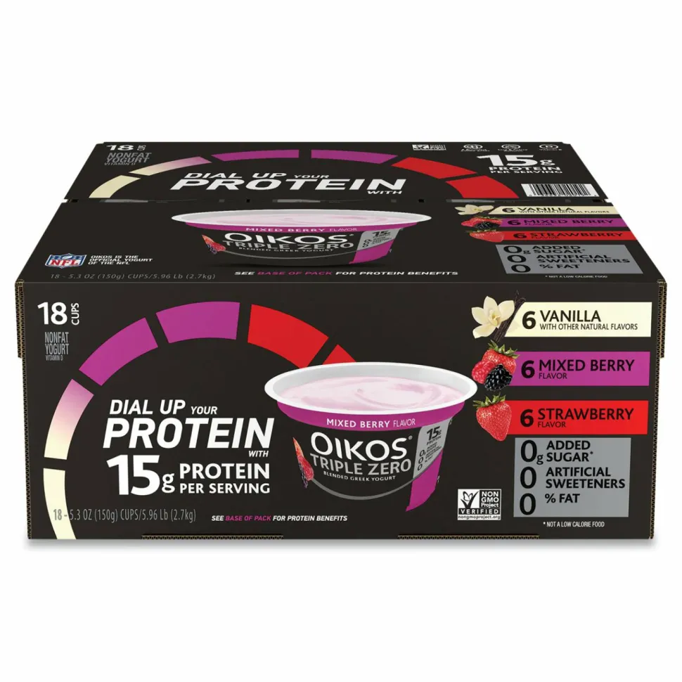 OIKOS Triple Zero Blended Greek Nonfat Yogurt, 5.3 oz, Strawberry/Mixed Berry/Vanilla, 18/Carton