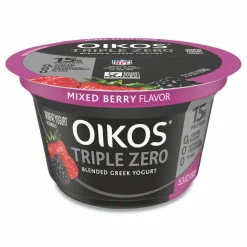 OIKOS Triple Zero Blended Greek Nonfat Yogurt, 5.3 oz, Strawberry/Mixed Berry/Vanilla, 18/Carton