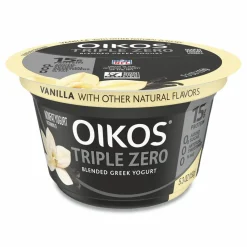 OIKOS Triple Zero Blended Greek Nonfat Yogurt, 5.3 oz, Strawberry/Mixed Berry/Vanilla, 18/Carton
