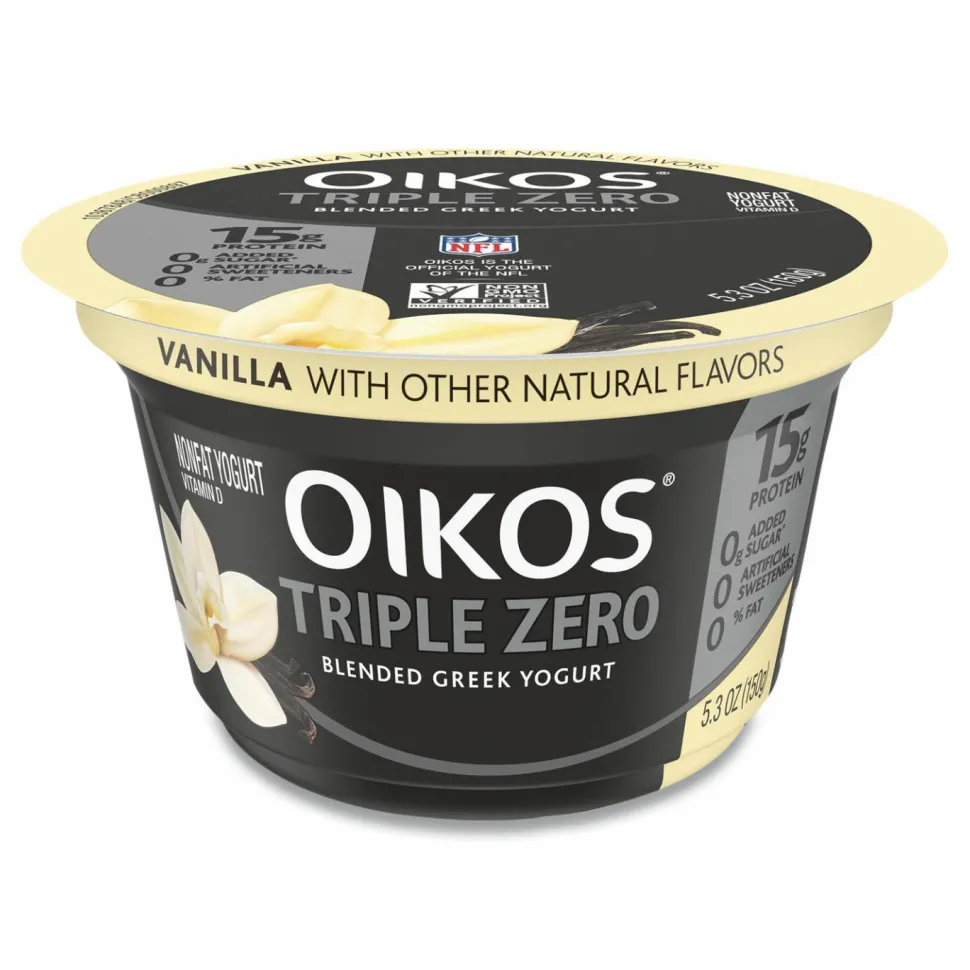 OIKOS Triple Zero Blended Greek Nonfat Yogurt, 5.3 oz, Strawberry/Mixed Berry/Vanilla, 18/Carton