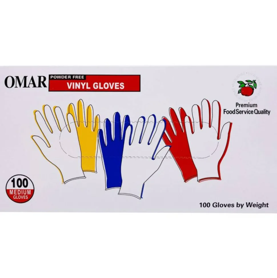 Omar Disposable Powder-Free Vinyl General-Purpose Gloves, Medium, Clear, 100 Gloves Per Box