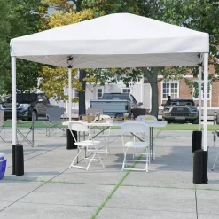 Otis Portable Tailgate/Event Tent Set-10'x10' Wheeled White Pop Up Canopy Tent, 6-Foot Bi-Fold Table, 4 White Folding Chairs