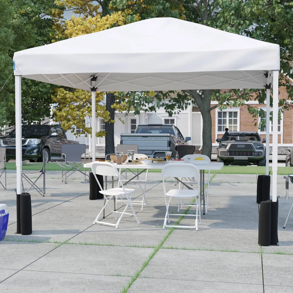 Otis Portable Tailgate/Event Tent Set-10'x10' Wheeled White Pop Up Canopy Tent, 6-Foot Bi-Fold Table, 4 White Folding Chairs