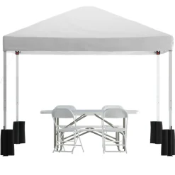Otis Portable Tailgate/Event Tent Set-10'x10' Wheeled White Pop Up Canopy Tent, 6-Foot Bi-Fold Table, 4 White Folding Chairs