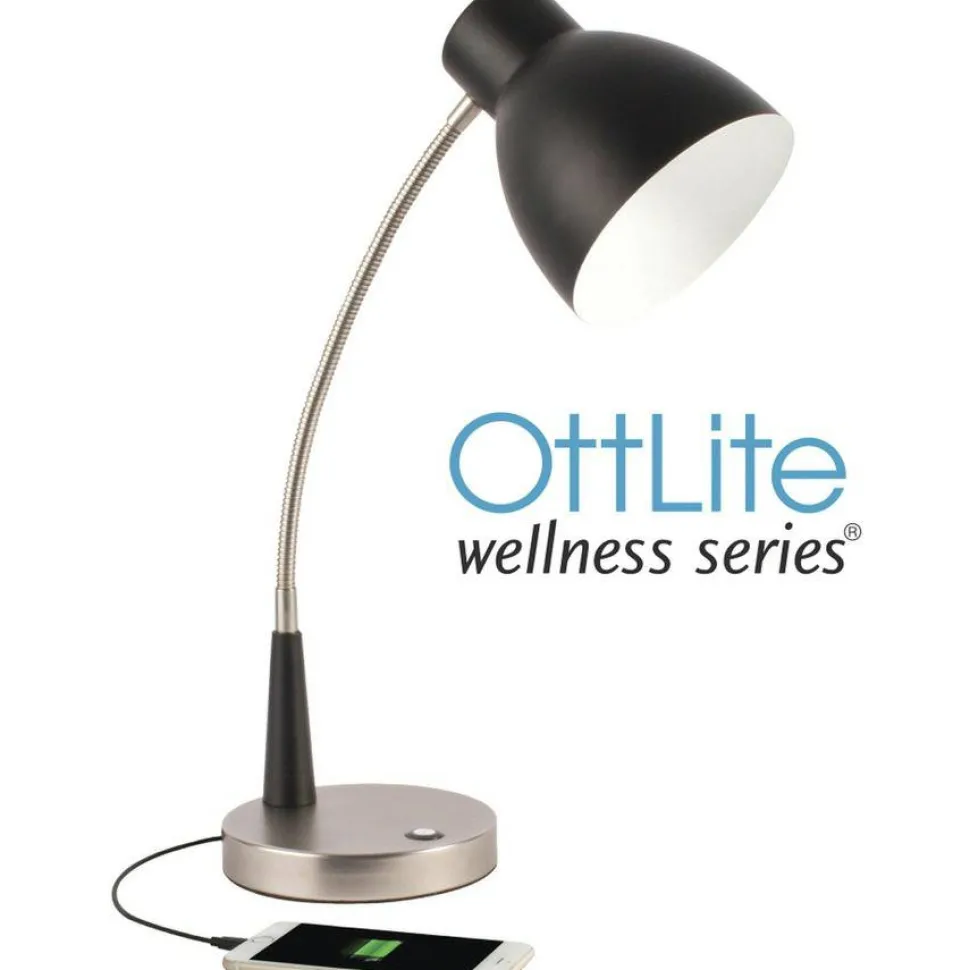 OttLite Wellness Series Adjust LED Desk Lamp, 3" to 22" High, Silver/Matte Black