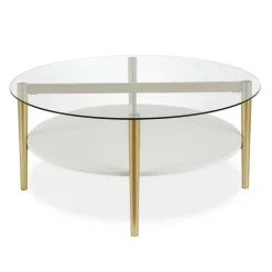 Otto 36" Wide Round Coffee Table with MDF Shelf in Brass/White Lacquer