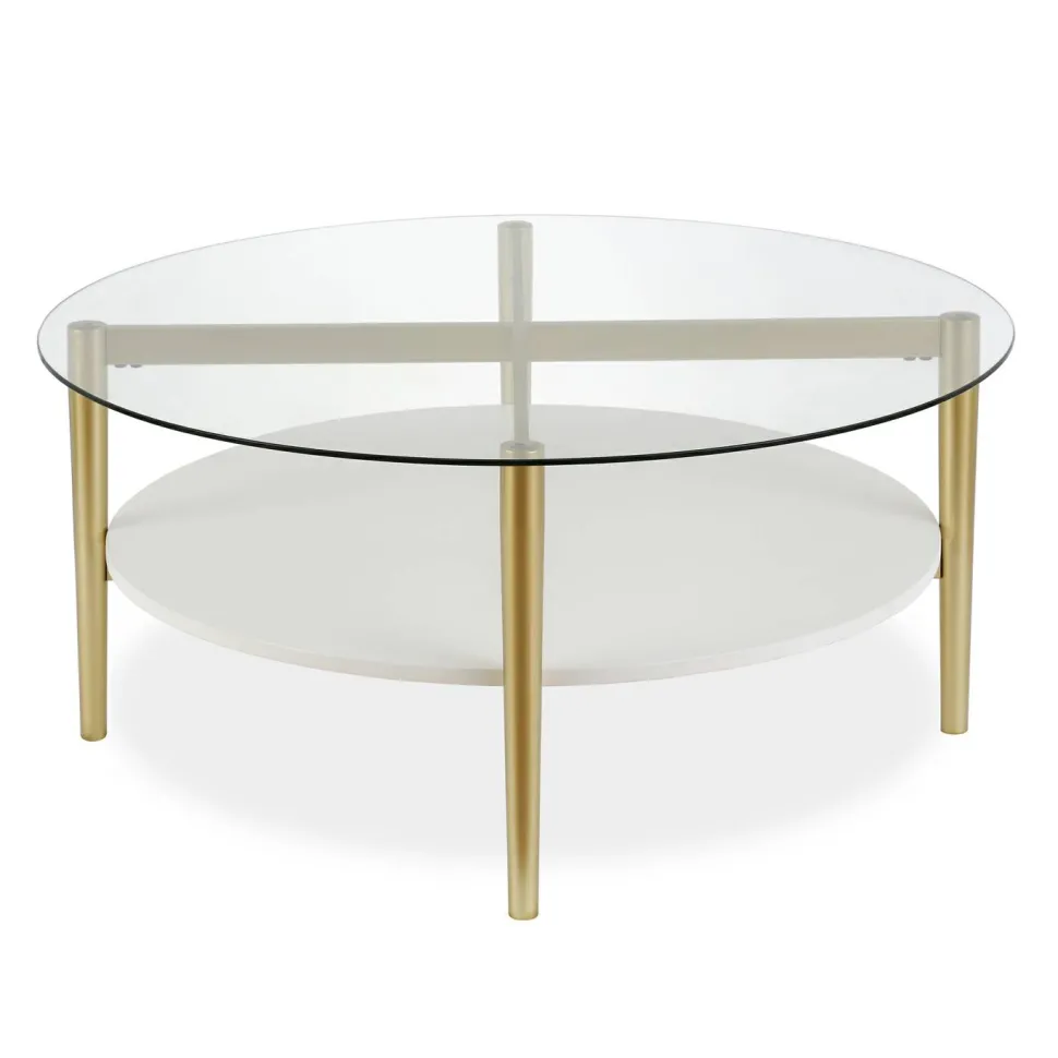 Otto 36" Wide Round Coffee Table with MDF Shelf in Brass/White Lacquer
