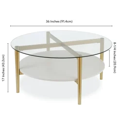 Otto 36" Wide Round Coffee Table with MDF Shelf in Brass/White Lacquer