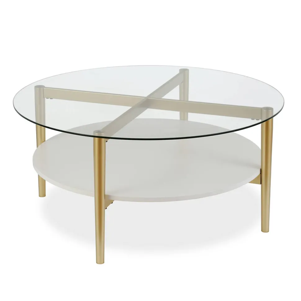 Otto 36" Wide Round Coffee Table with MDF Shelf in Brass/White Lacquer