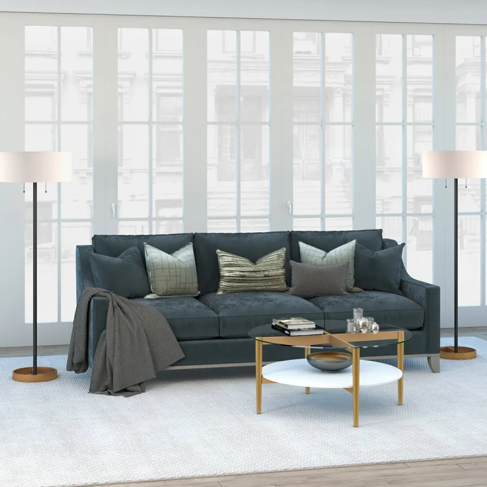 Otto 36" Wide Round Coffee Table with MDF Shelf in Brass/White Lacquer