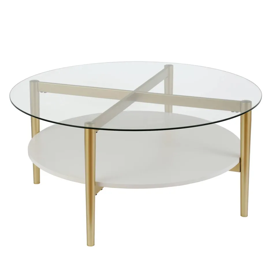 Otto 36" Wide Round Coffee Table with MDF Shelf in Brass/White Lacquer