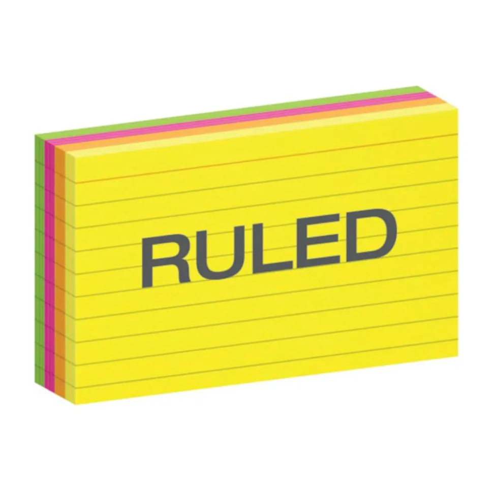 Oxford Neon Index Cards, 3" x 5", Ruled, Assorted Colors, 100 Per Pack
