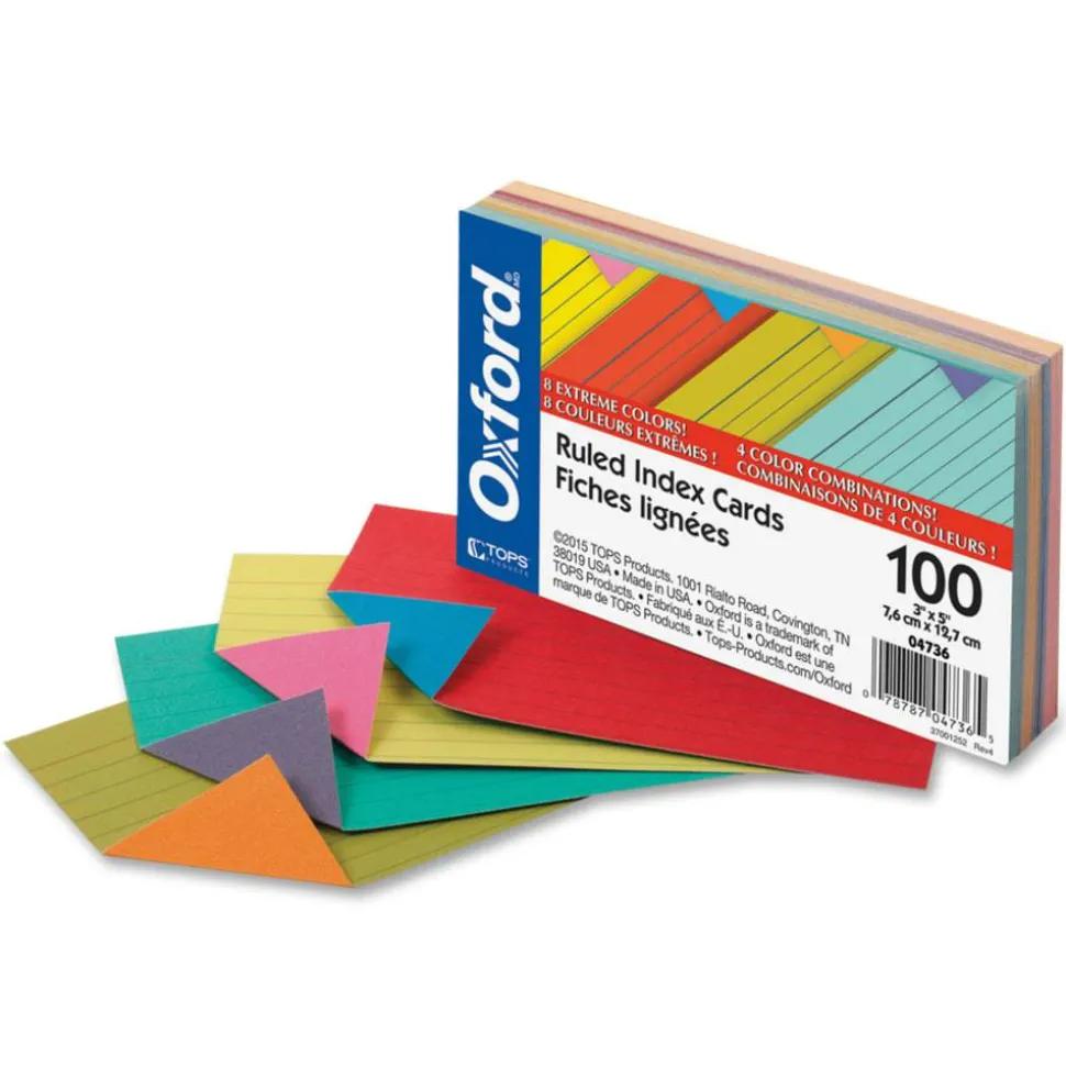 Oxford Ruled Extreme Index Cards, 3" x 5", Assorted, Pack Of 100