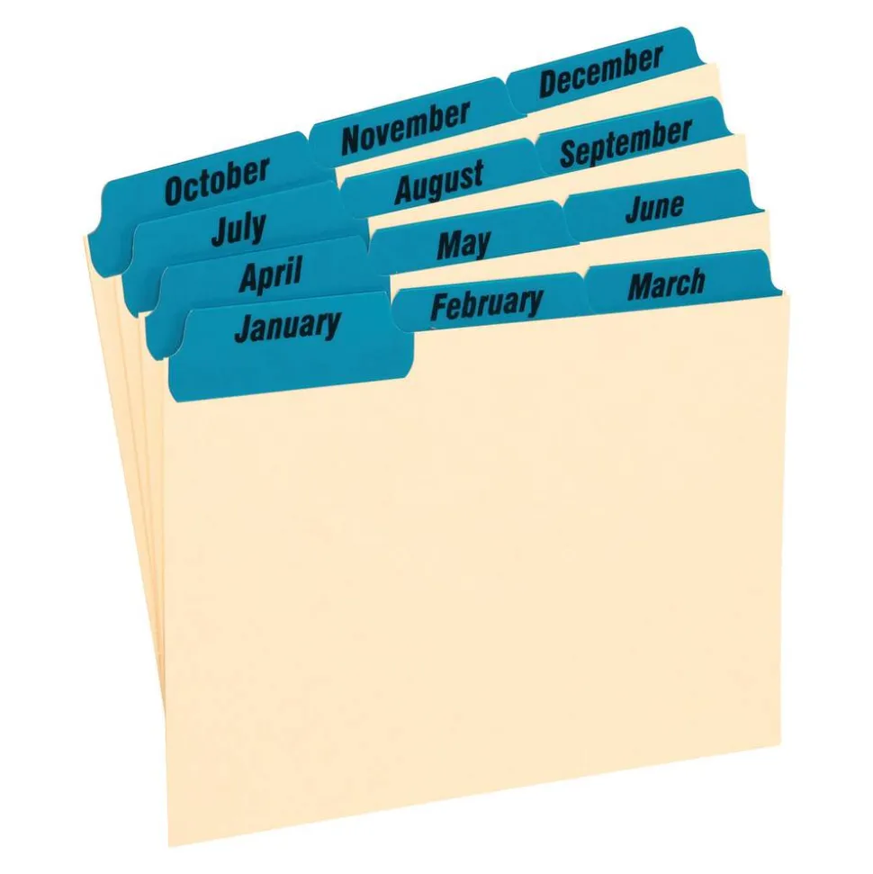 Oxford Manila Card Guides With Laminate Tabs, Monthly, 4" x 6", Manila; Blue Tabs