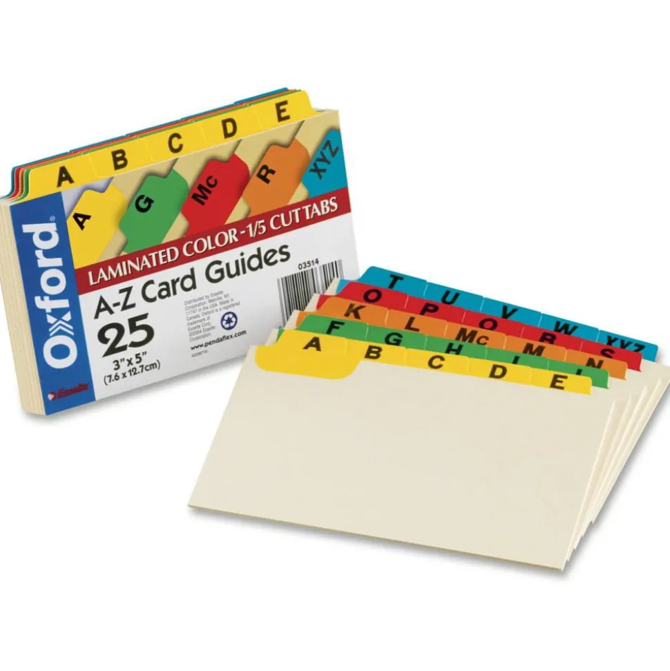 Oxford Manila Card Guides With Laminate Tabs, Alphabetical "A-Z", 3" x 5", Manila; Assorted Color Tabs