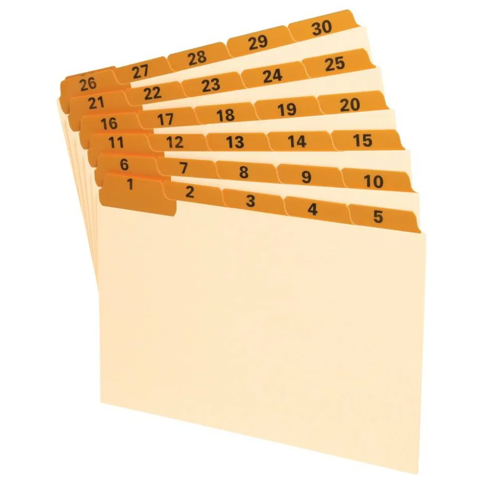 Oxford Manila Index Card Guides with Laminated Tabs, 1/5-Cut Top Tab, 1 to 31, 5 x 8, Manila, 31/Set