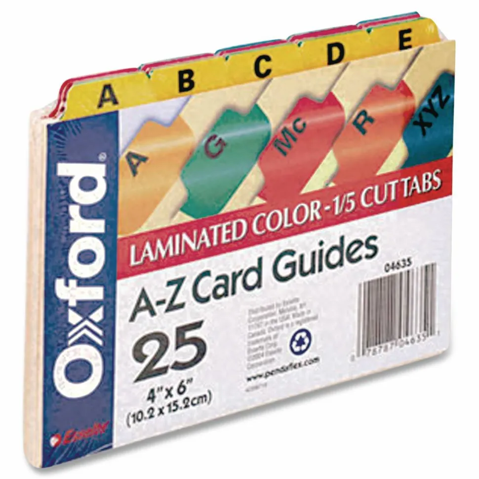 Oxford Manila Index Card Guides with Laminated Tabs, 1/5-Cut Top Tab, A to Z, 4 x 6, Manila, 25/Set