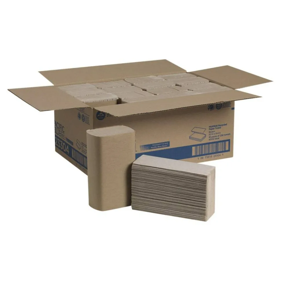 Pacific Blue Basic by GP PRO, 1-Ply, Multifold Paper Towels, 9.2" X 9.4", 100% Recycled, Brown, 250 Sheets per Pack, 16 Packs Per Case