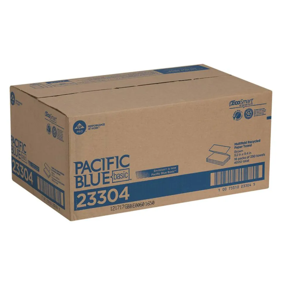 Pacific Blue Basic by GP PRO, 1-Ply, Multifold Paper Towels, 9.2" X 9.4", 100% Recycled, Brown, 250 Sheets per Pack, 16 Packs Per Case