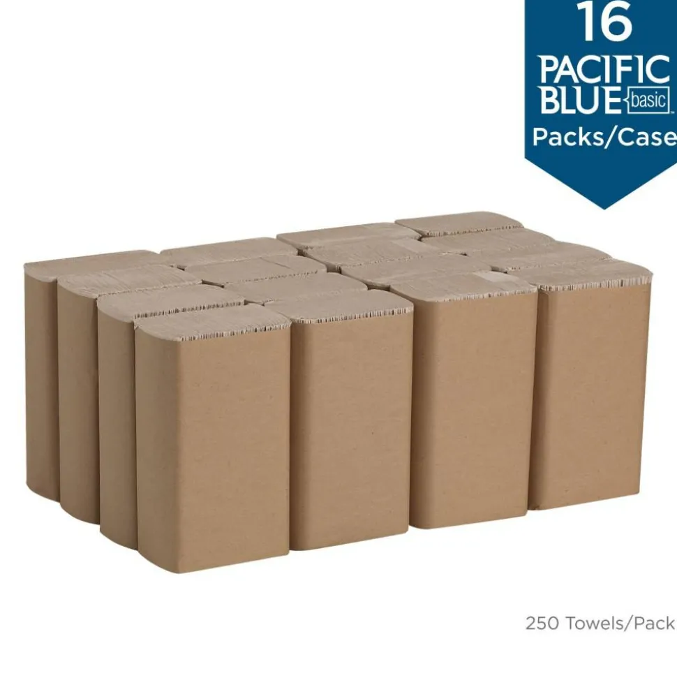 Pacific Blue Basic by GP PRO, 1-Ply, Multifold Paper Towels, 9.2" X 9.4", 100% Recycled, Brown, 250 Sheets per Pack, 16 Packs Per Case