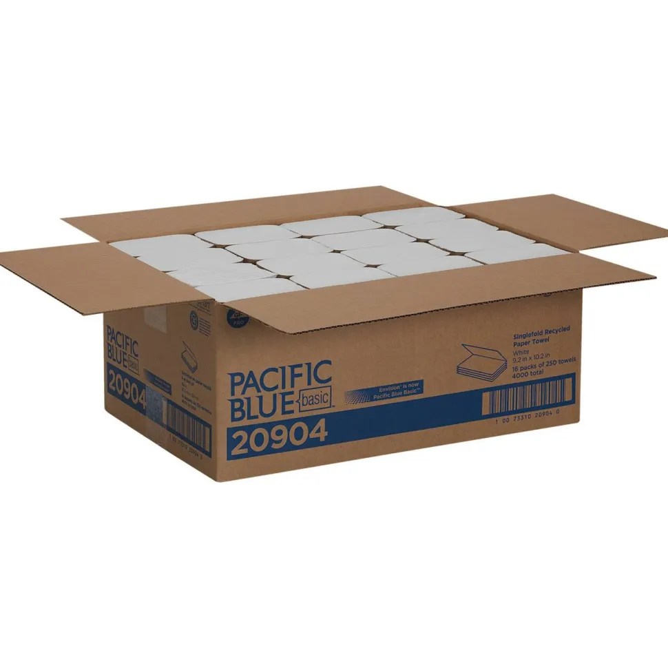 Pacific Blue Basic by GP PRO, 1-Ply, S-Fold Paper Towels, 9.25" X 9.9", 40% Recycled, White, 250 Sheets per Pack, 16 Packs Per Case