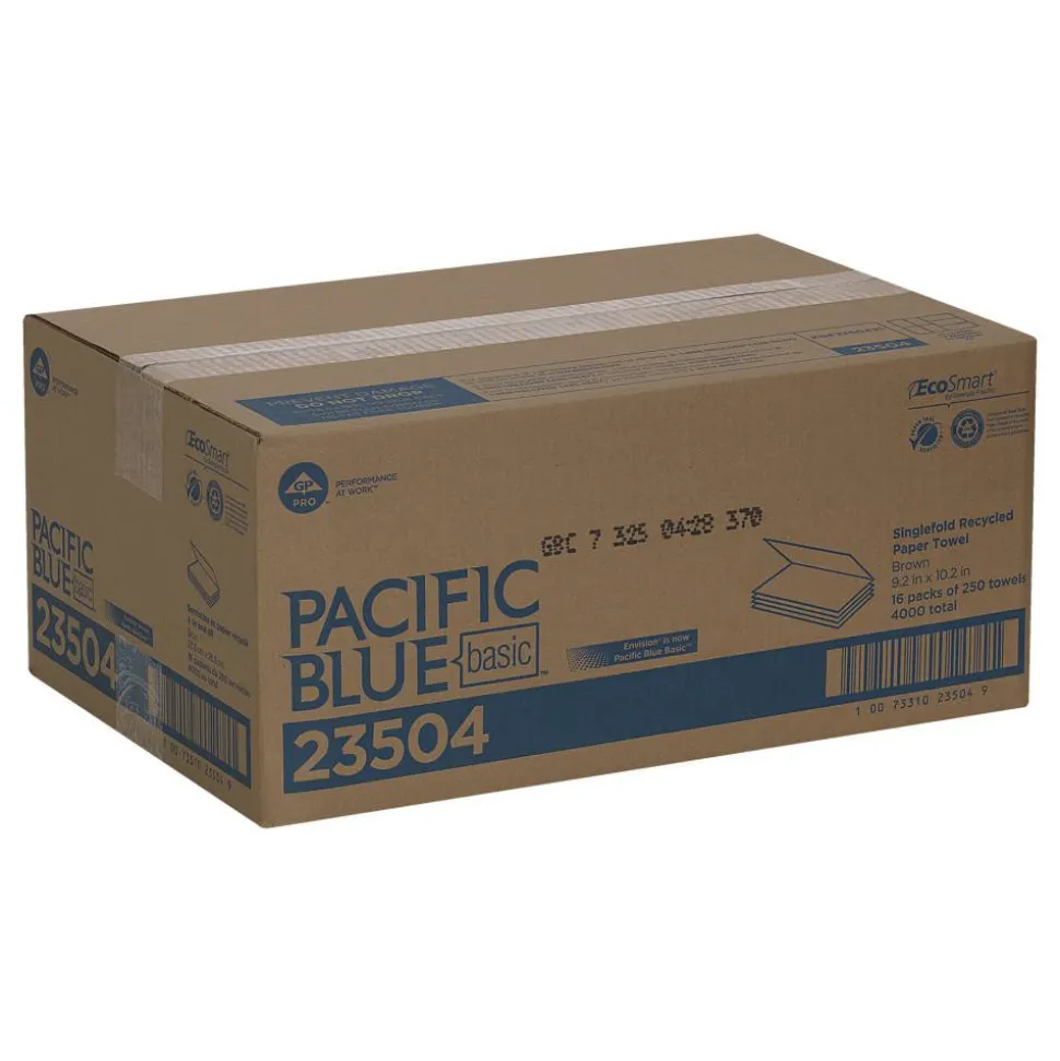 Pacific Blue Basic by GP PRO, 1-Ply, S-Fold Paper Towels, 9.25" X 9.9", 100% Recycled, Brown, 250 Sheets per Pack, 16 Packs Per Case