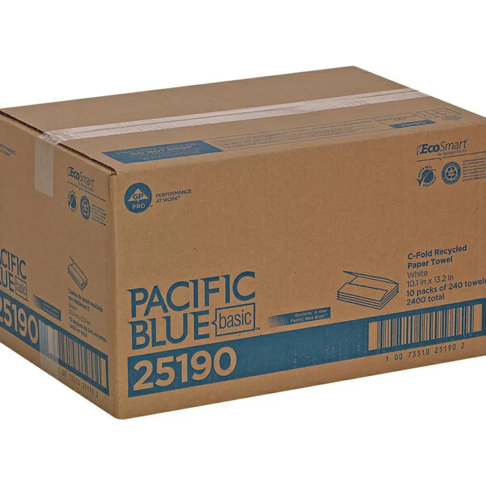 Pacific Blue Basic by GP PRO, 1-Ply, C-Fold Paper Towels, 10.1" X 12.7", 100% Recycled, White, 240 Sheets per Pack, 10 Packs Per Case