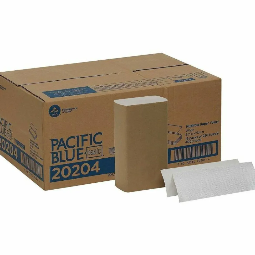 Pacific Blue Basic by GP PRO, 1-Ply, Multifold Paper Towels, 9.2" X 9.4", White, 250 Sheets per Pack, 16 Packs Per Case