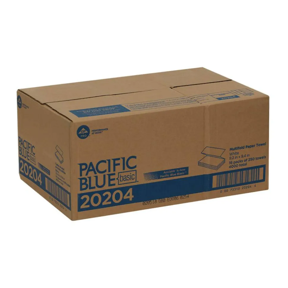 Pacific Blue Basic by GP PRO, 1-Ply, Multifold Paper Towels, 9.2" X 9.4", White, 250 Sheets per Pack, 16 Packs Per Case