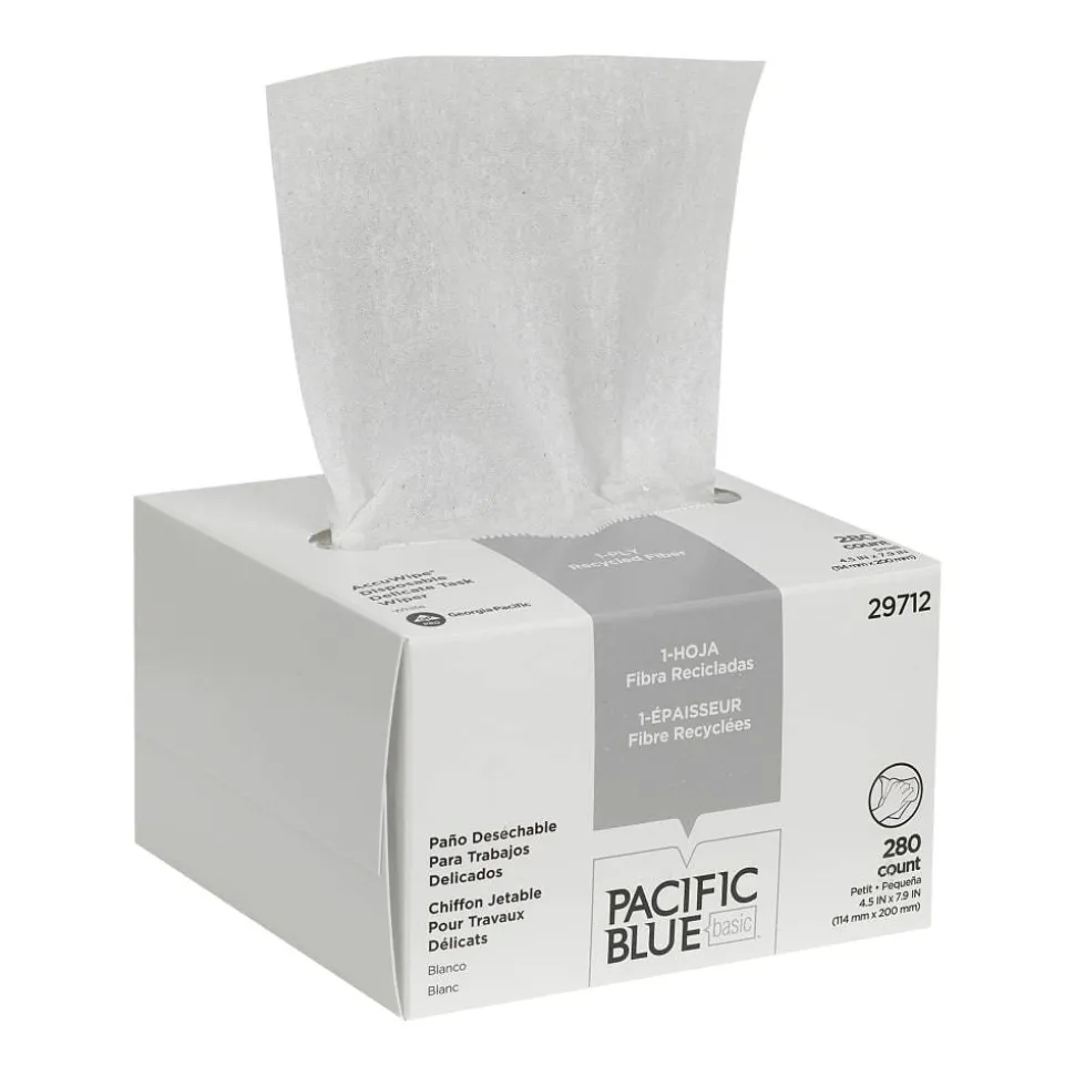 PACIFIC BLUE BASIC DISPOSABLE DELICATE TASK WIPERS, 4.5" x 7.9", Box Of 280 Towels, 100% Recycled, White