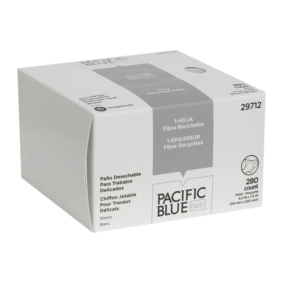PACIFIC BLUE BASIC DISPOSABLE DELICATE TASK WIPERS, 4.5" x 7.9", Box Of 280 Towels, 100% Recycled, White