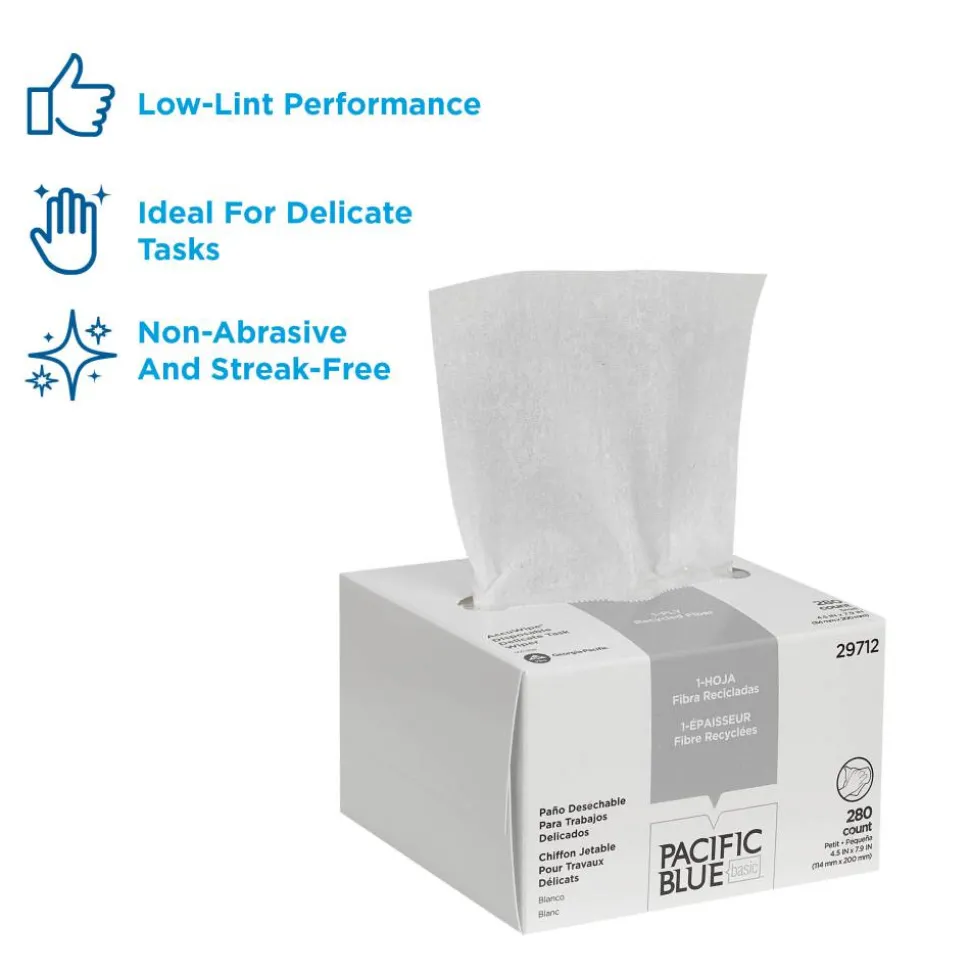PACIFIC BLUE BASIC DISPOSABLE DELICATE TASK WIPERS, 4.5" x 7.9", Box Of 280 Towels, 100% Recycled, White