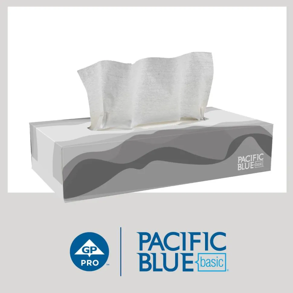 Pacific Blue Basic 2-Ply Facial Tissue, Flat Box, White, 100% Recycled Fiber, 30 Boxes Per Case, 100 Sheets Per Box