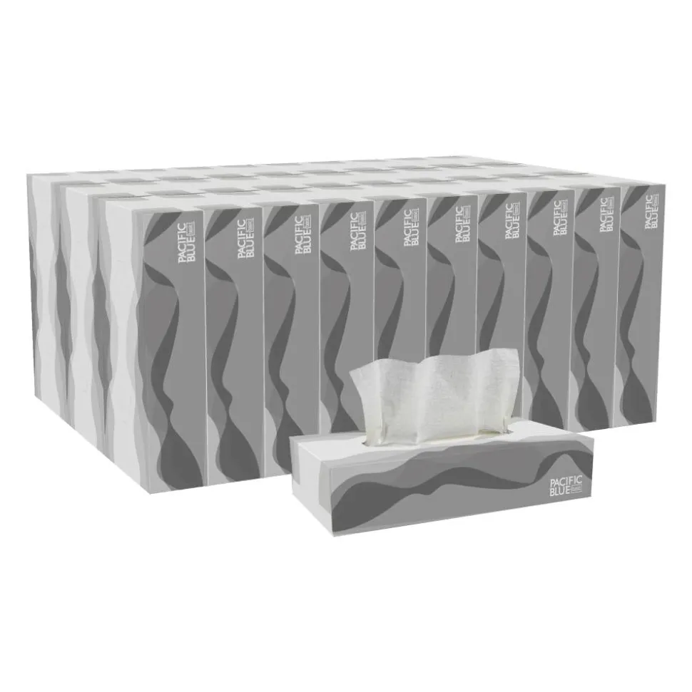 Pacific Blue Basic 2-Ply Facial Tissue, Flat Box, White, 100% Recycled Fiber, 30 Boxes Per Case, 100 Sheets Per Box