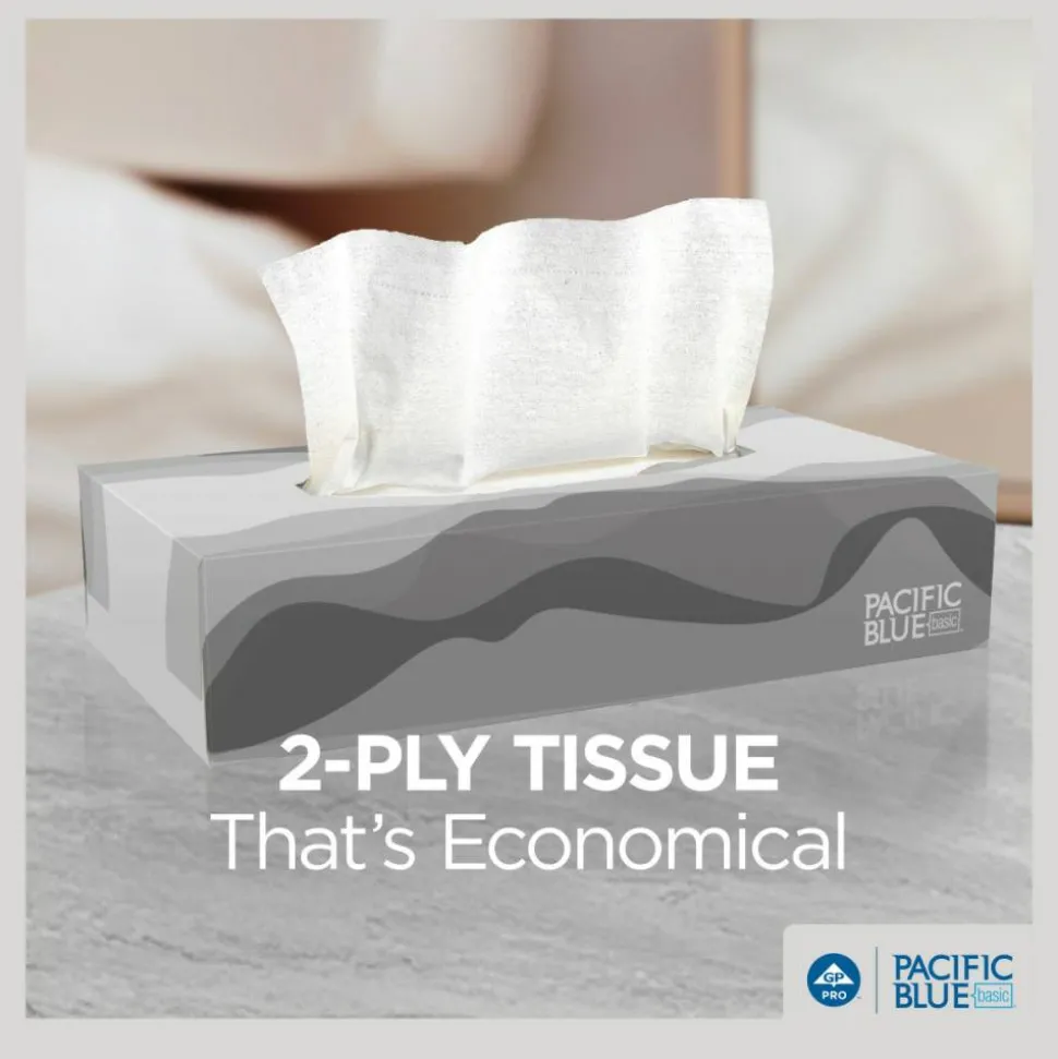 Pacific Blue Basic 2-Ply Facial Tissue, Flat Box, White, 100% Recycled Fiber, 30 Boxes Per Case, 100 Sheets Per Box