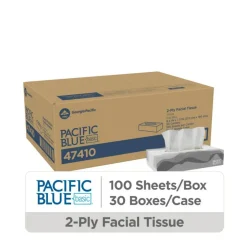 Pacific Blue Basic 2-Ply Facial Tissue, Flat Box, White, 100% Recycled Fiber, 30 Boxes Per Case, 100 Sheets Per Box