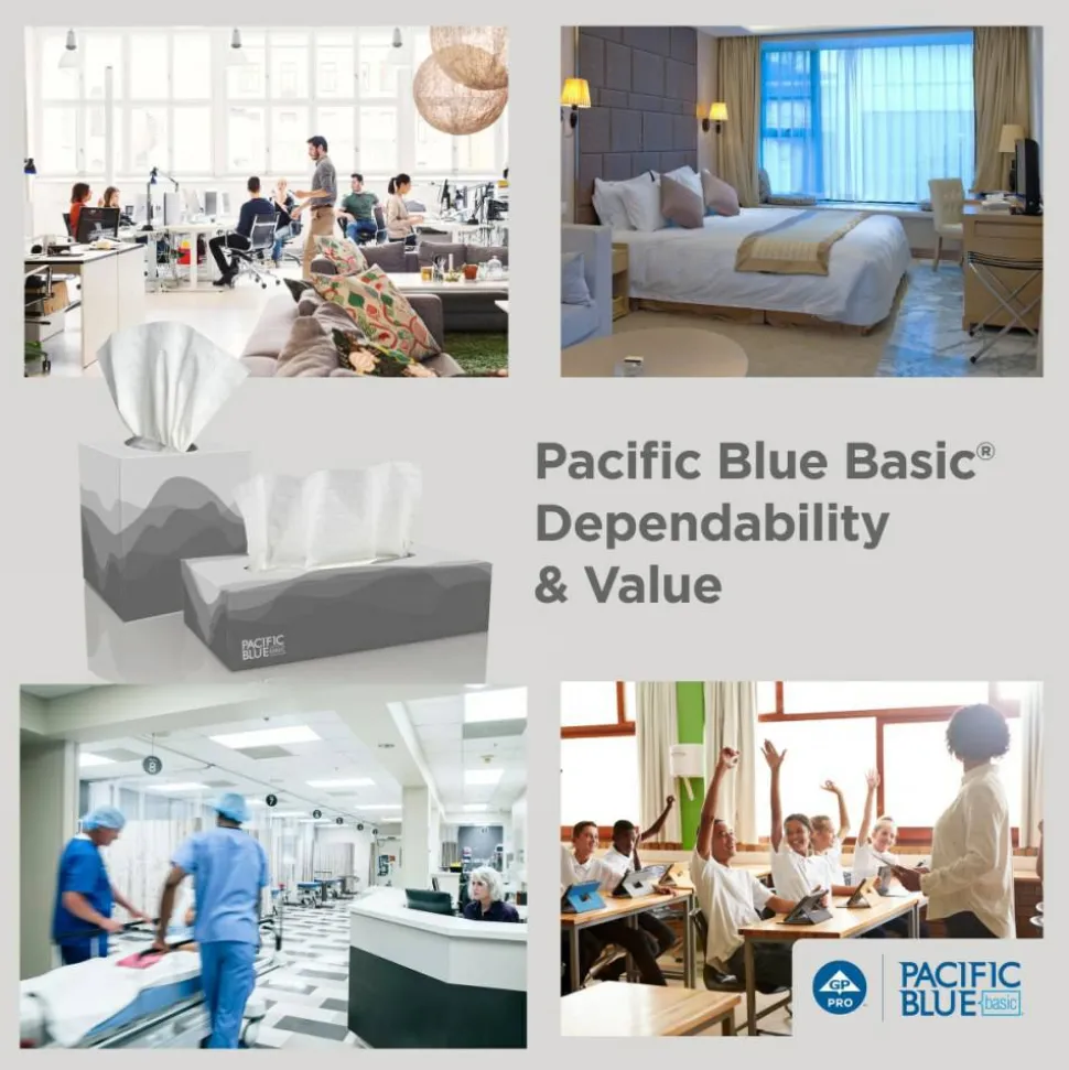 Pacific Blue Basic 2-Ply Facial Tissues, Cube Box, White, 100% Recycled Fiber, 86 Tissues Per Box, 36 Boxes Per Case