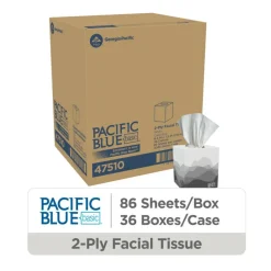 Pacific Blue Basic 2-Ply Facial Tissues, Cube Box, White, 100% Recycled Fiber, 86 Tissues Per Box, 36 Boxes Per Case