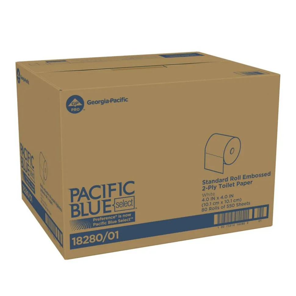 Pacific Blue by GP PRO, 2 Ply, Standard Roll Embossed Toilet Paper, 4"x3.8", 20% Recycled, White, 550 Sheets, 80 Rolls per Case