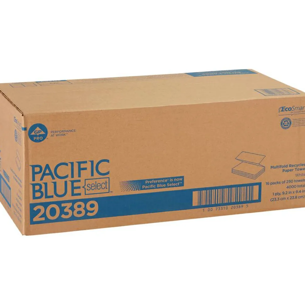 Pacific Blue Select by GP PRO, 1-Ply, Multifold Towels, 9.2" X 9.4", 40% Recycled, White, 250 Sheets per Pack, 16 Packs Per Case