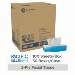 Pacific Blue Select 2-Ply Facial Tissue, Flat Box, White, 10% Recycled Fiber, 30 Boxes Per Case, 100 Sheets Per Box