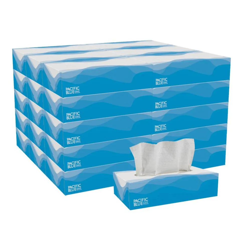 Pacific Blue Select 2-Ply Facial Tissue, Flat Box, White, 10% Recycled Fiber, 30 Boxes Per Case, 100 Sheets Per Box