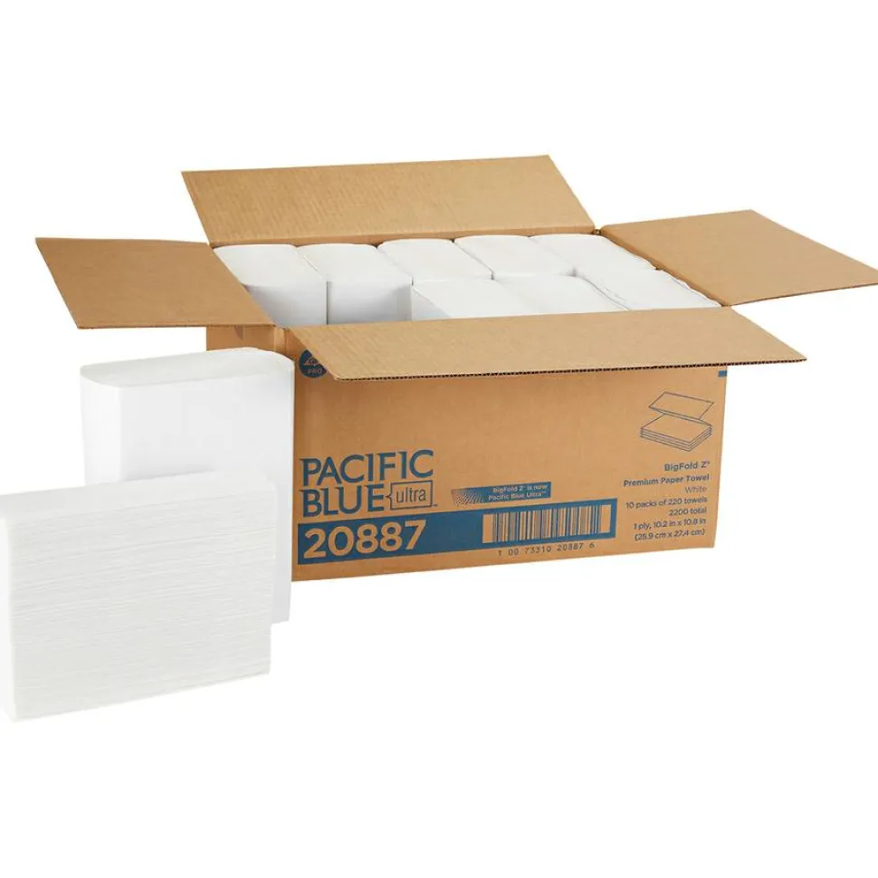 Pacific Blue Ultra by GP PRO, 1-Ply, Z-Fold Paper Towels, 10.2" X 10.8", White, 220 Sheets per Pack, 10 Packs Per Case