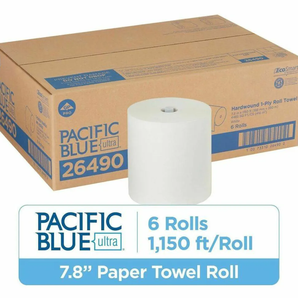 Pacific Blue Ultra Paper Towel Rolls, 1-Ply, 40% Recycled Fiber, White, 7.87" x 1150' Rolls, 6 Rolls per Case