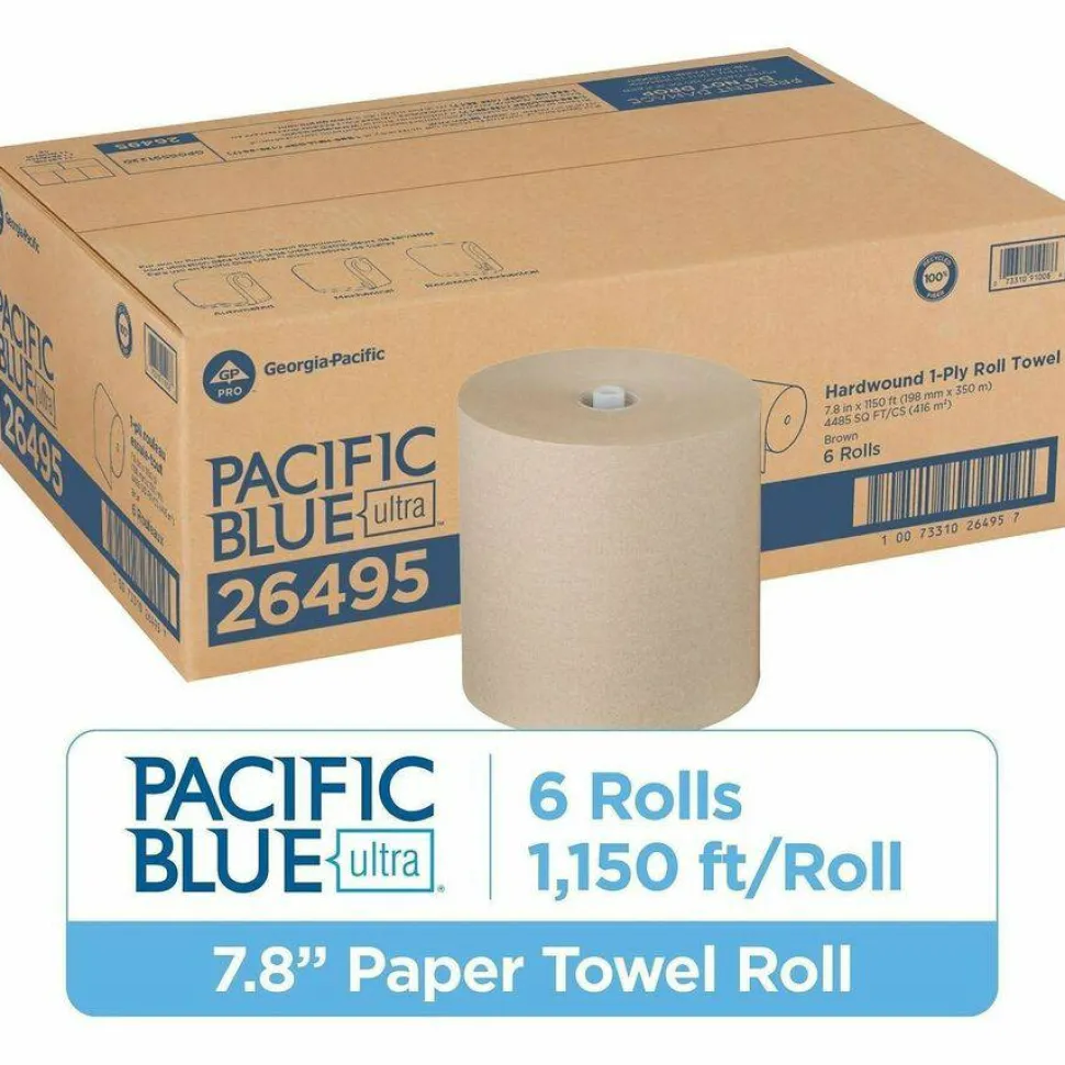 Pacific Blue Ultra Paper Towel Rolls, 1-Ply, 100% Recycled Fiber, Brown, 7.87" x 1150' Rolls, 6 Rolls per Case