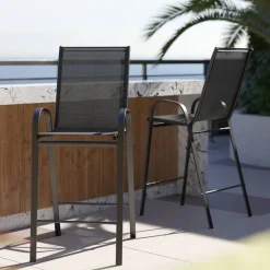 2 Pack Brazos Series Black Outdoor Barstool with Flex Comfort Material and Metal Frame