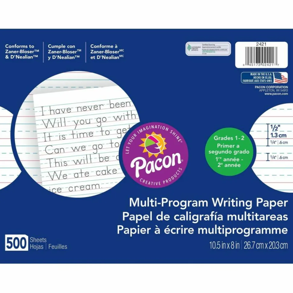 Pacon Multi-Program Handwriting Papers, Grade 1-2, 10 1/2" x 8", Pack Of 500 Sheets