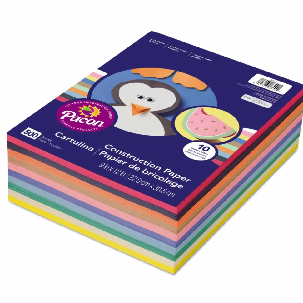 Pacon Rainbow Super Value Construction Paper Ream, 45 lb Text, 9 x 12, Assorted, 500 Sheets/Ream