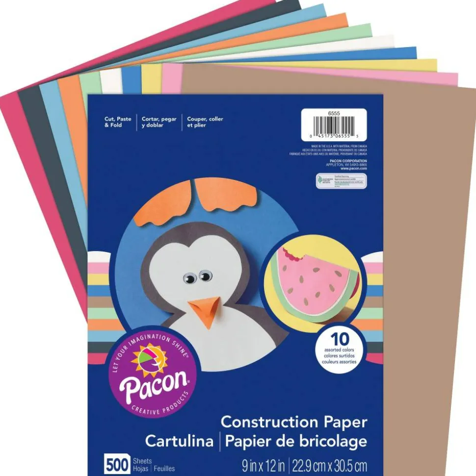 Pacon Rainbow Super Value Construction Paper Ream, 45 lb Text, 9 x 12, Assorted, 500 Sheets/Ream